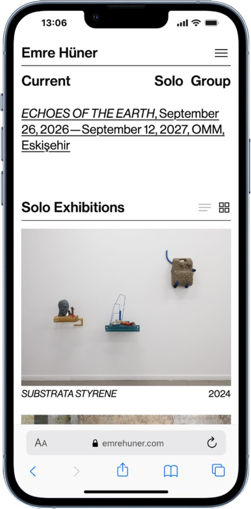 Emre Hüner website — exhibitions on mobile
